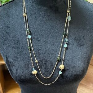Baked beads double strand green and gold long necklace